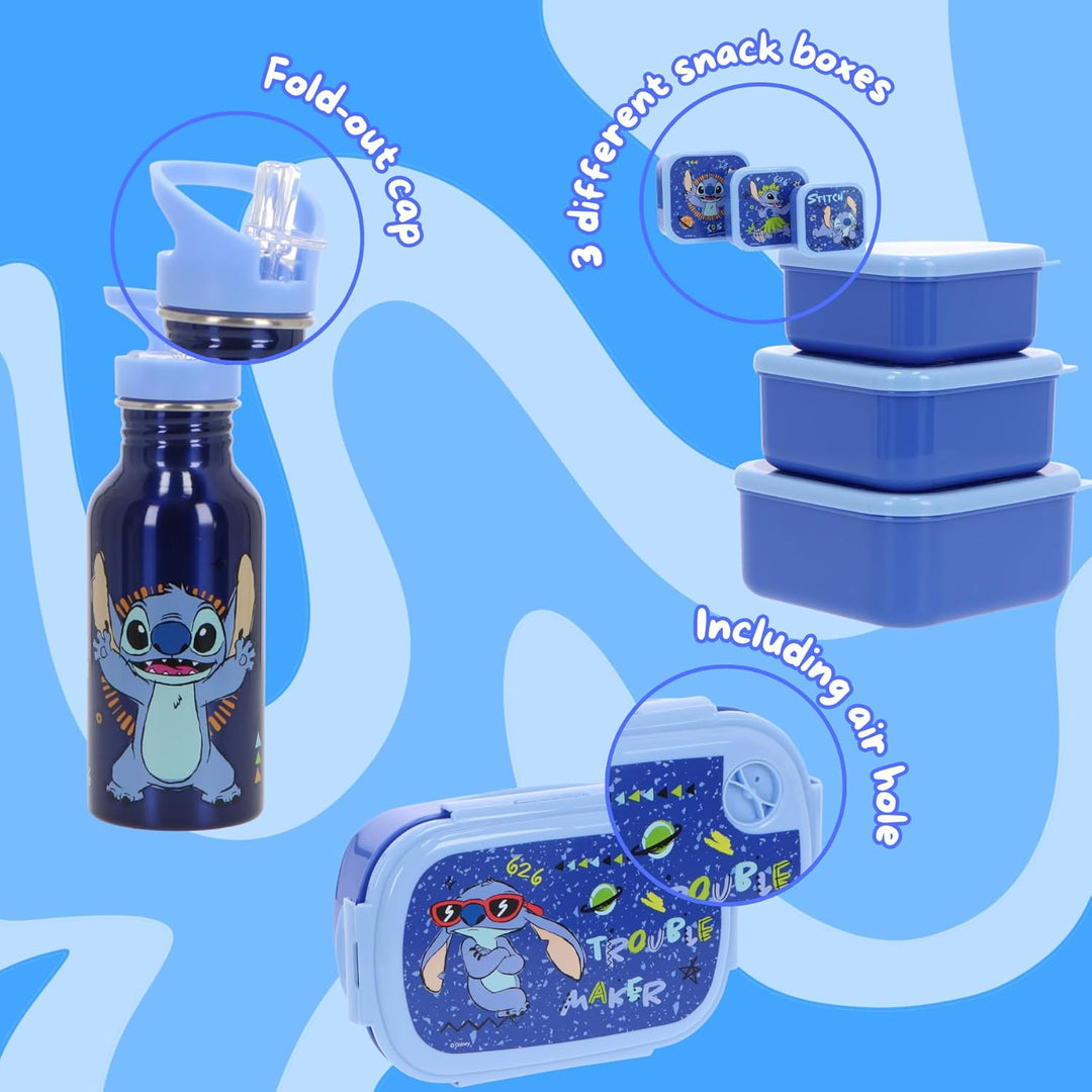 Stitch Lunchset für Kinder – 5-teilig mit Brotdose, 3 Snackboxen & Trinkflasche – Blaues Set für Jun