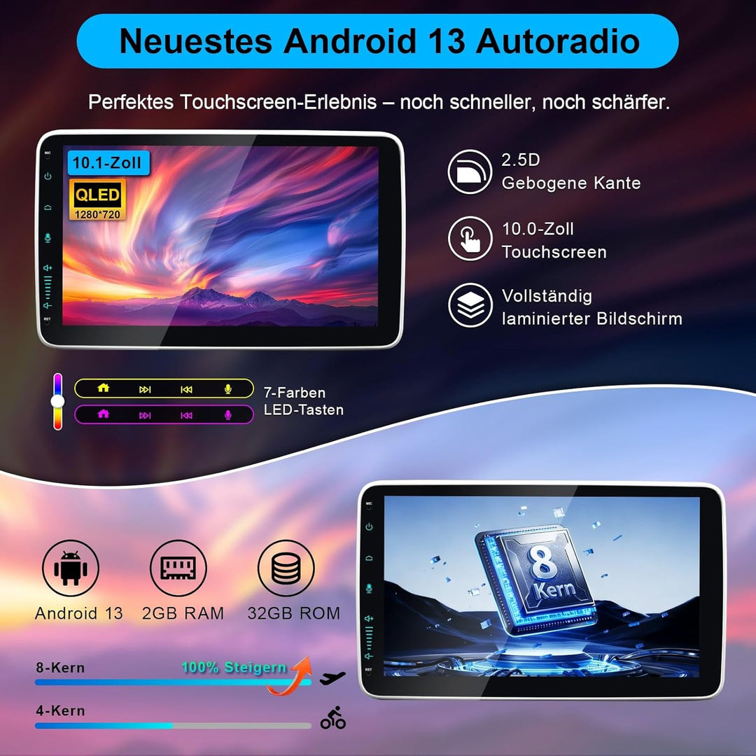 10 Zoll 1 Din Car Radio Android Autoradio mit Bildschirm 8-Kern DAB+ Wireless Android Auto & Apple C