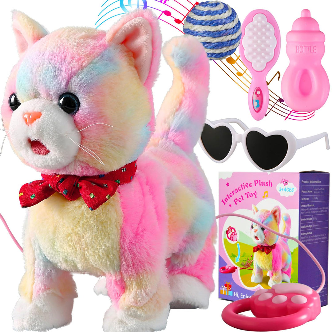 Buntes Leine-Set für laufende Katzen, singend, das schnurrt und miaut, Zunge herausstrecken, animier