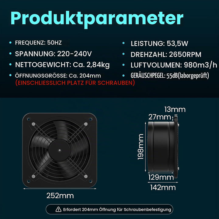 HG Power Abluftventilator 200mm - 980m³/h Badlüfter Leiser mit Rücklaufklappe, Schalter, Stecker, 53
