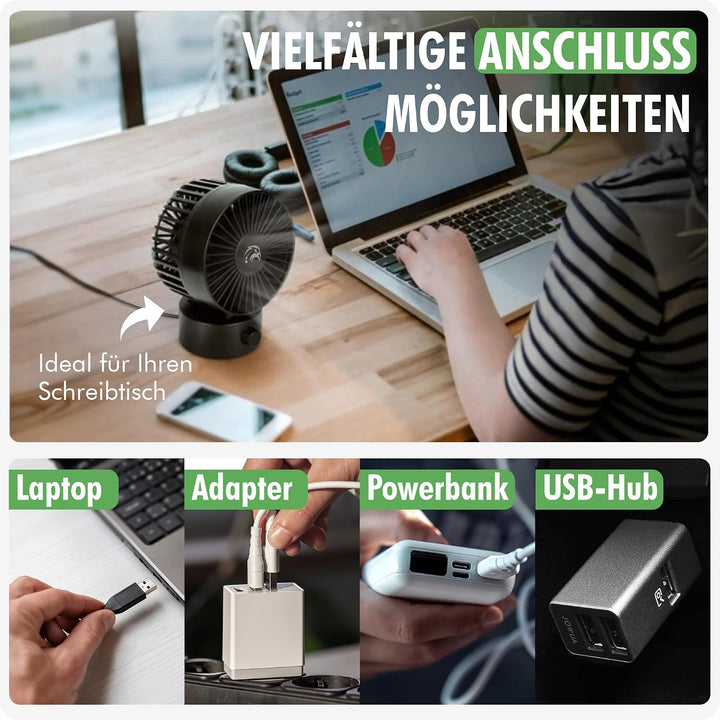 Tischventilator Schwarz - Tischventilator sehr Leise mit 2 Geschwindigkeiten USB Ventilator Wiederau