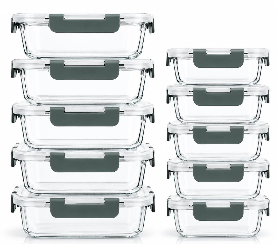 Visario Glas Frischhaltedosen Set 10 Stück (20 Teile) – 5x 1040ml & 5x 370ml, Luftdichte Bento Boxen