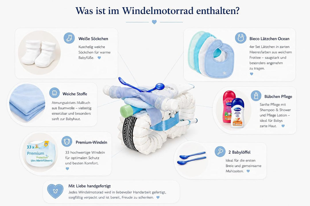 dubistda© Windeltorte Windelmotorrad Jungen ROCKSTAR blau / 45-teilig - Windeltorte Motorrad - Gesch