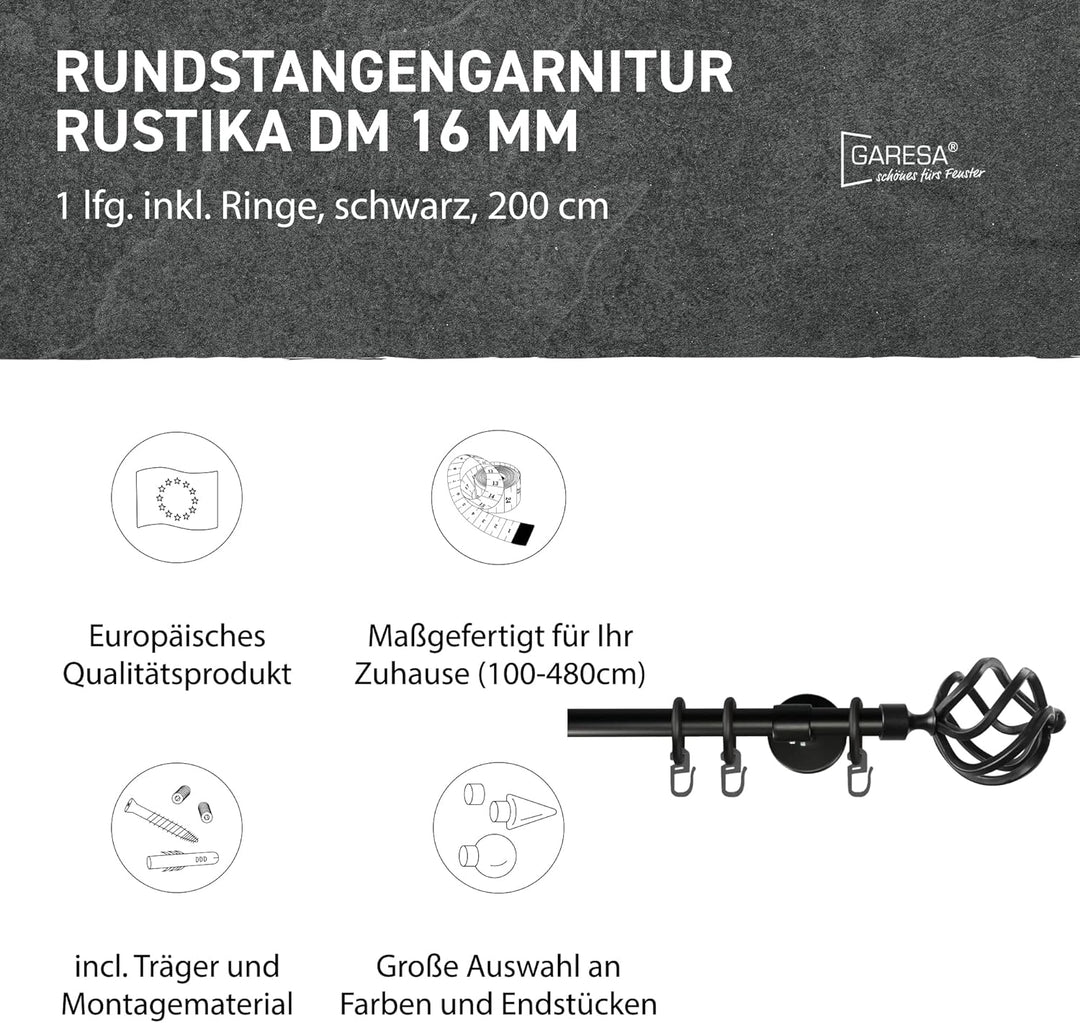 Garesa Gardinenstange Rustika Ø 16mm, 1-läufig, Schwarz I Rustikale Vorhangstange aus Metall inkl. R