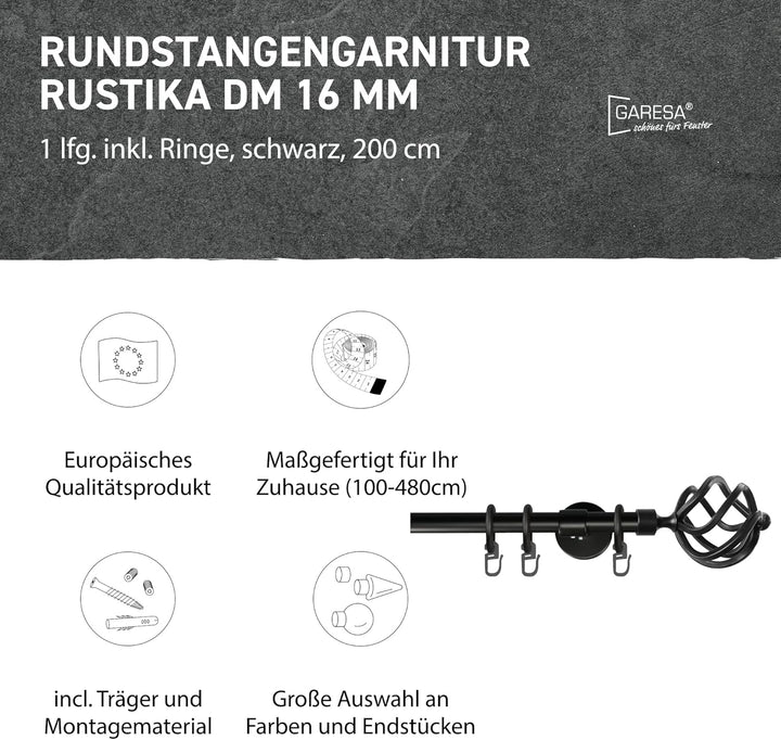 Garesa Gardinenstange Rustika Ø 16mm, 1-läufig, Schwarz I Rustikale Vorhangstange aus Metall inkl. R