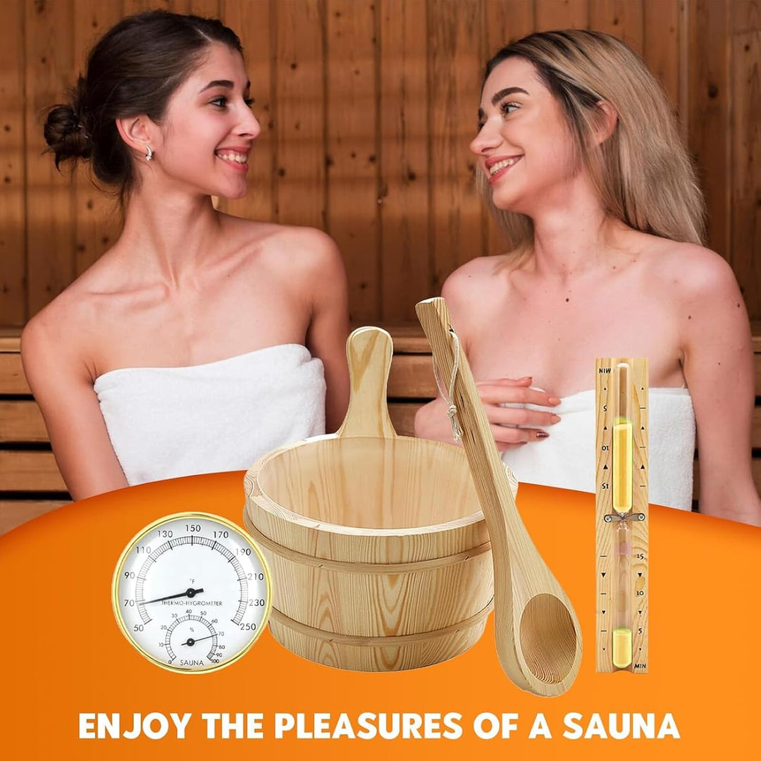 Sauna Eimer Set (4 Liter), Sauna Eimer mit Kelle, Saunakã Bel aus Holz mit Kelle Sanduhr, Thermo, Hy