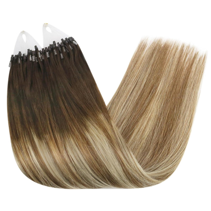 Ugeat 45cm Microring Haarverlängerung Echthaar Balayage Dunkelbraun zu Mittelbraun und Bleichblond 4