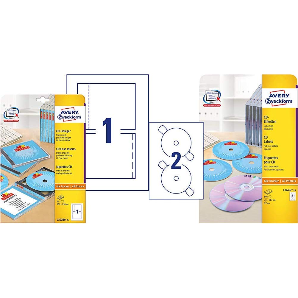 AVERY Zweckform, C32250-25 CD-Einleger spezialbeschichtet (Inkjet, Laser+Kopierer geeignet, 185g, 15