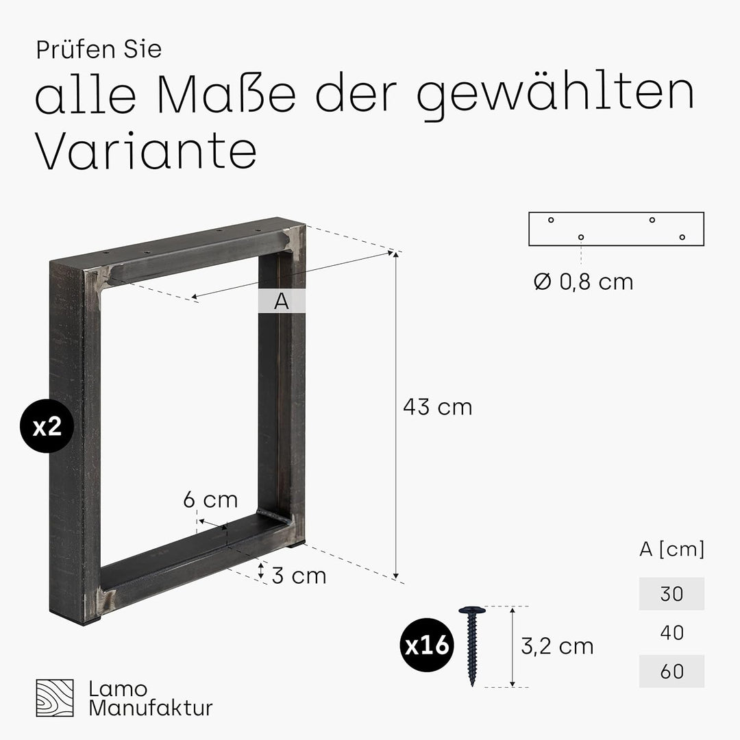 LAMO Manufaktur Tischbeine für Sitzbank, Couchtisch, Beistelltisch, Simple Medium, Vierkantprofil 60