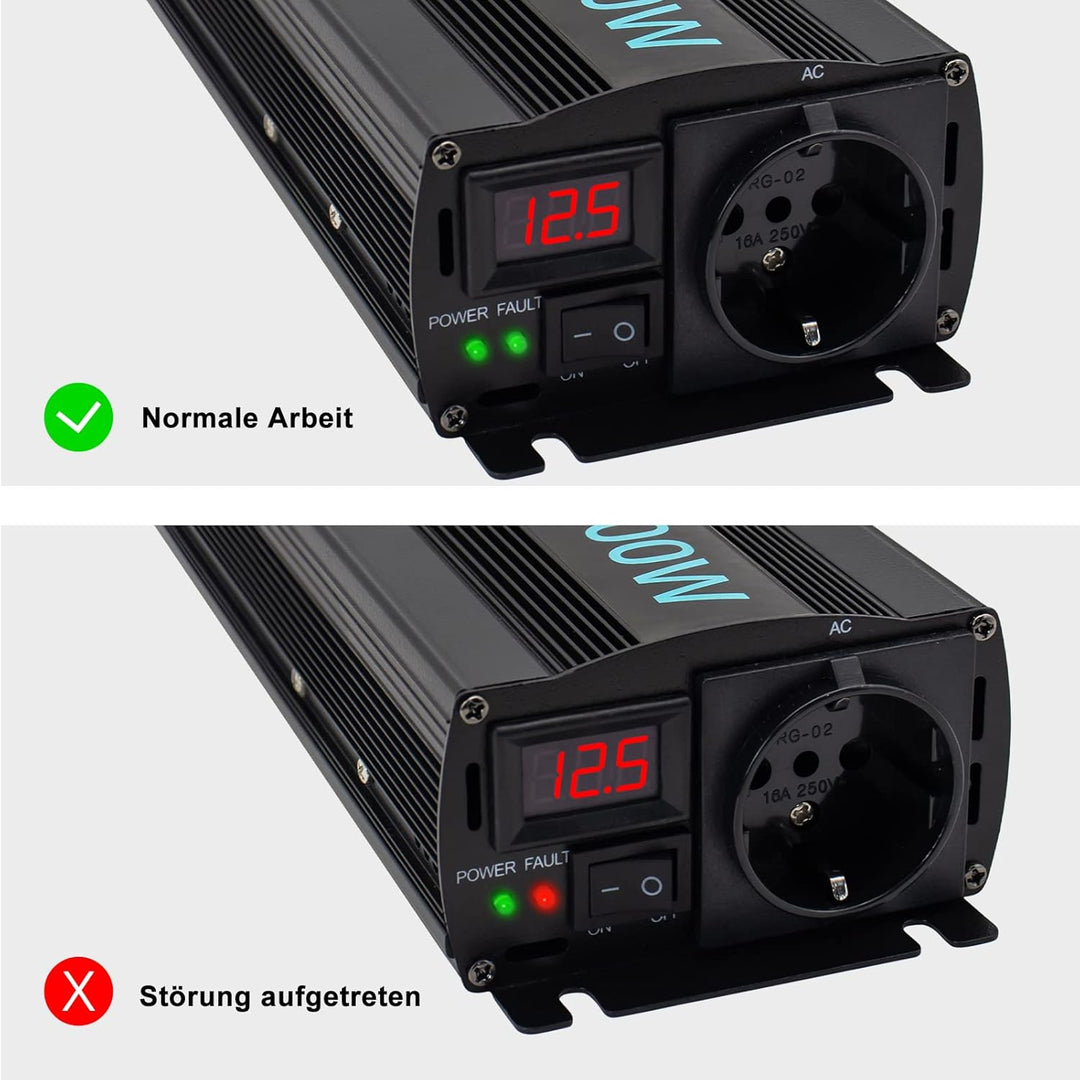 CAPTOK Spannungswandler 1000W/2000W Reiner Sinus KFZ Wechselrichter DC 12V auf AC 230V EU-Steckdose