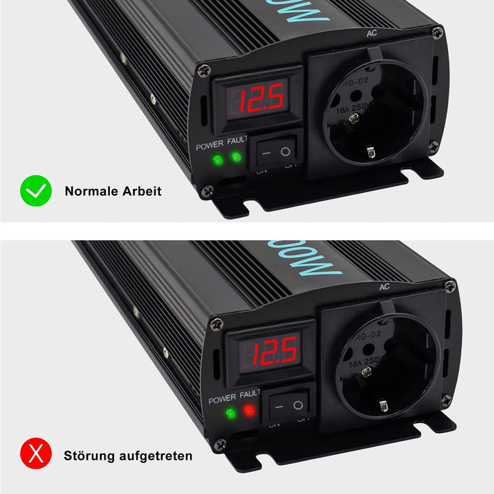 CAPTOK Spannungswandler 1000W/2000W Reiner Sinus KFZ Wechselrichter DC 12V auf AC 230V EU-Steckdose