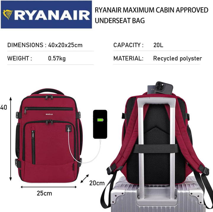 ECOHUB Rucksack 40x20x25 für Ryanair Flugzeug Reiserucksack Handgepäck Gepäck Laptop Daypacks PET-Re