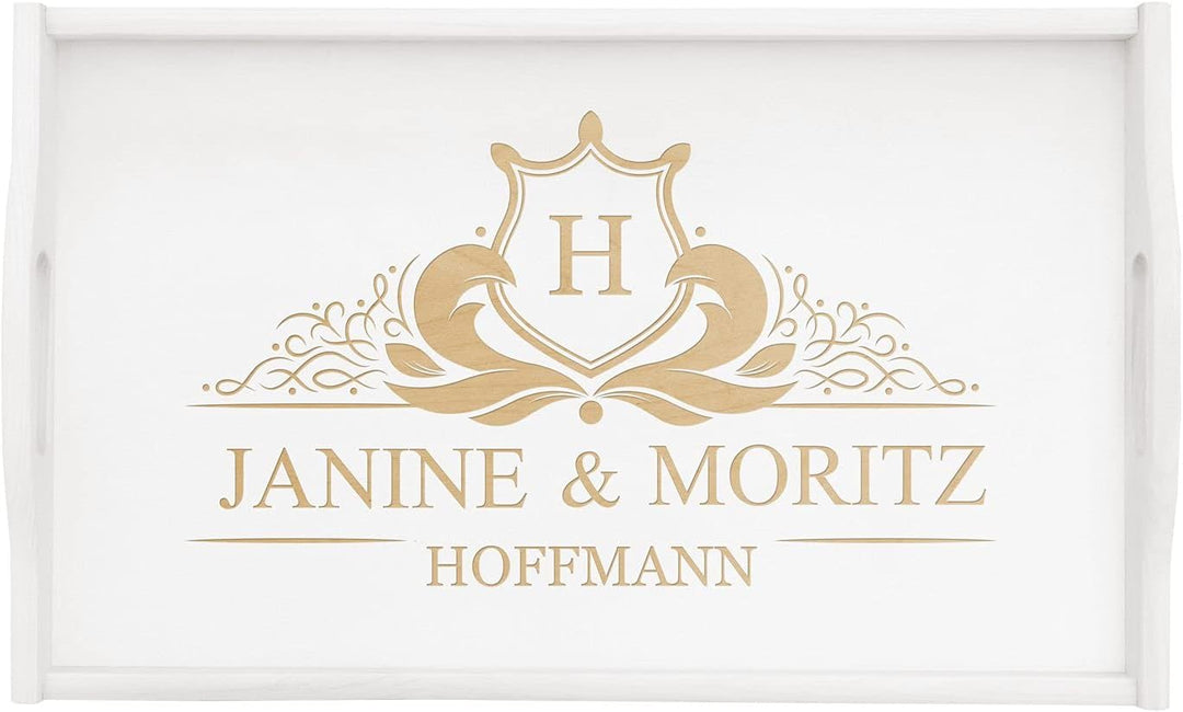 Maverton Frühstückstablett mit Gravur - für Zwei - Betttisch mit Griffen - klappbare Beine - Weiss -