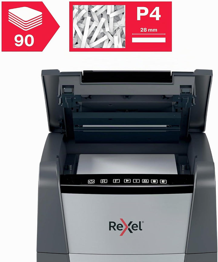 Rexel Optimum AutoFeed+ 90X Automatischer Aktenvernichter, 90 Blatt automatisch, Sicherheitsstufe P4