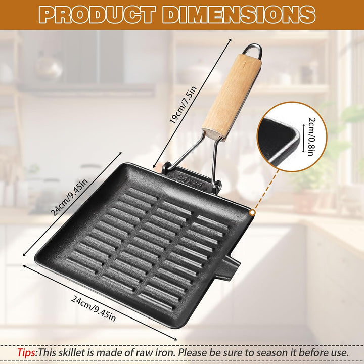 Steakpfanne Gusseisen 24X24cm, Grillpfanne Induktion mit Klappbarem Holzgriff, Viereckige Grillplatt