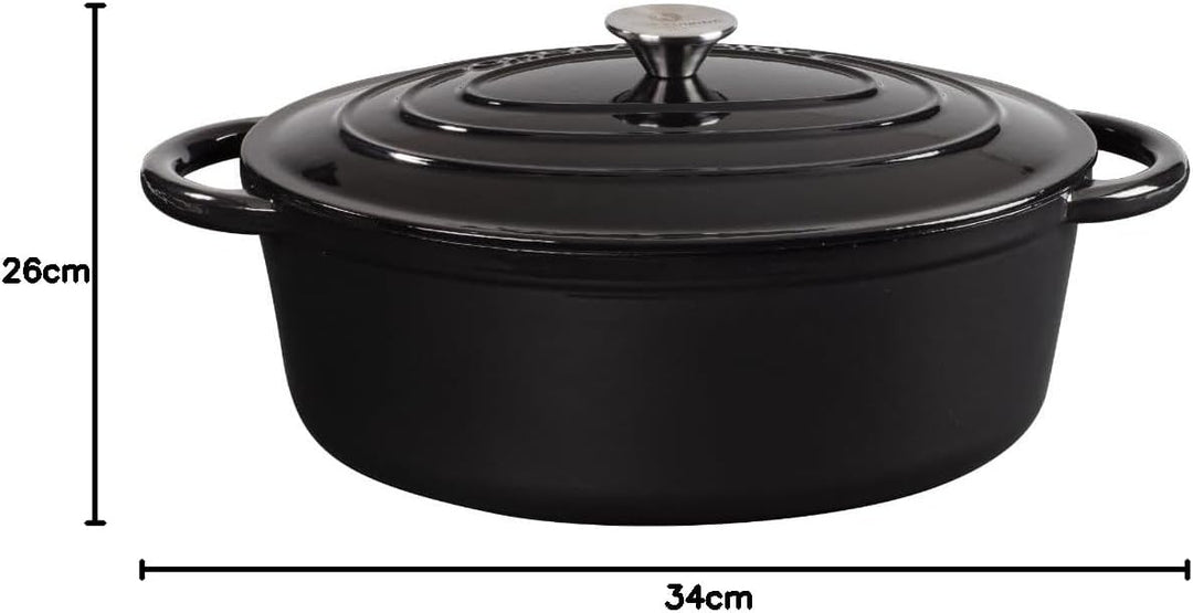 CHEF CUISINE Bräter Gusseisen mit Deckel, Oval gross 6,7 L, Induktion, Schwarz, hitzebeständig bis 3