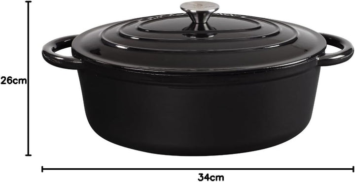 CHEF CUISINE Bräter Gusseisen mit Deckel, Oval gross 6,7 L, Induktion, Schwarz, hitzebeständig bis 3