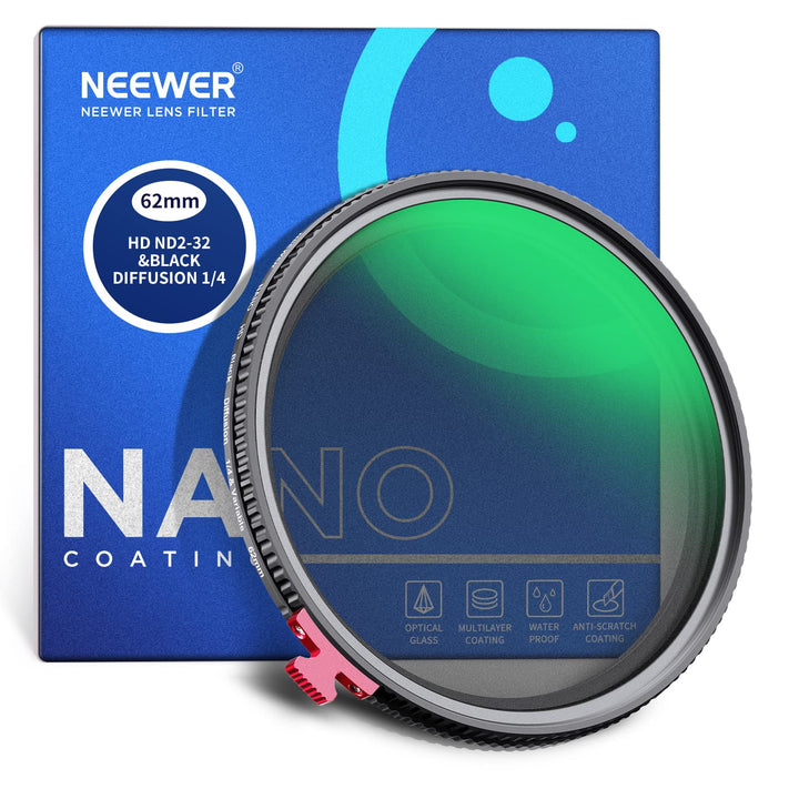 NEEWER 2 in 1 62mm Black Diffusion 1/4 Effekt mit ND2-ND32 Variable ND Filter kein X Kreuz Graufilte