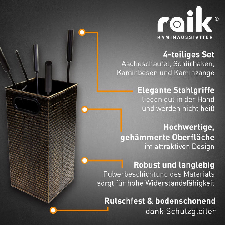 raik Kaminbesteck Oskar 5-teilig mit Schürhaken Kaminschaufel Kaminbesen Holzzange und Halter Stahl