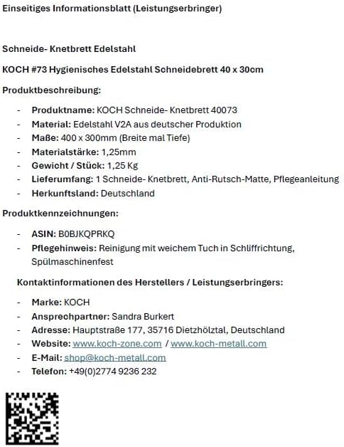 Koch Arbeitsplatte Edelstahl I 40 x 30 cm I Arbeitsfläche, Schneidebrett & Knetbrett mit 2 Anschlagk