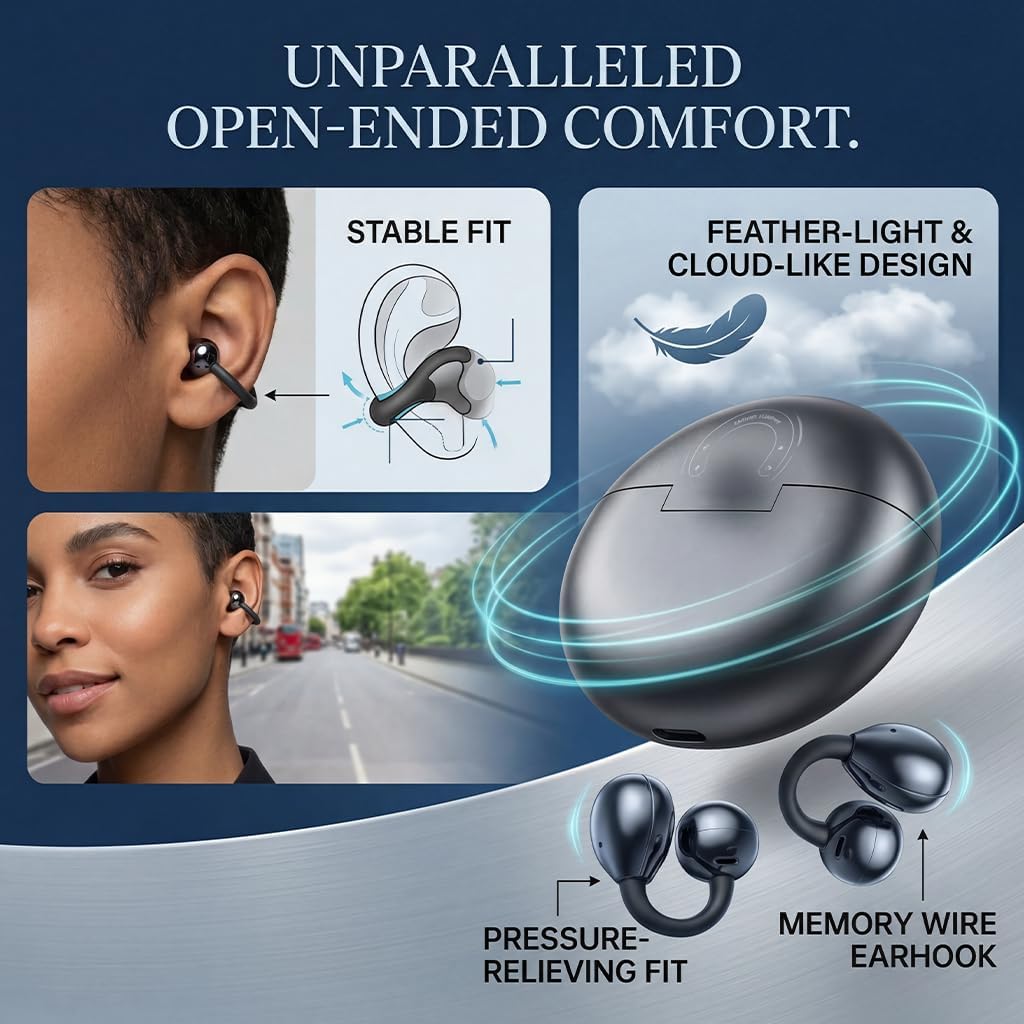 Open Ear Kopfhörer Bluetooth 5.4, Clip On Ohrhörer mit Innovativem Clip-Design, DNN Geräuschunterdrü