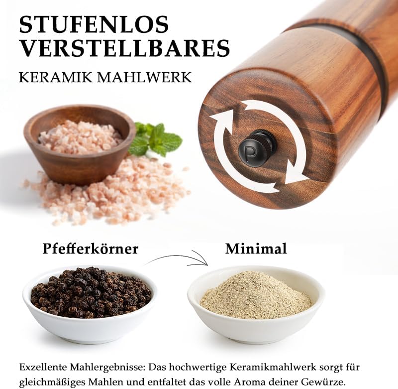 Salz und Pfeffermühlen Set aus Akazienholz mit Keramikmahlwerk mit Holzständer und Reinigungsbürste,