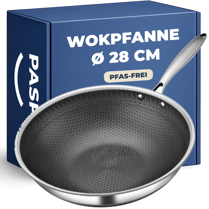 Wokpfanne Ø 28 cm – PFAS-frei – Induktion, Elektro, Keramik, Gas & Backofen – Edelstahlpfanne mit kr