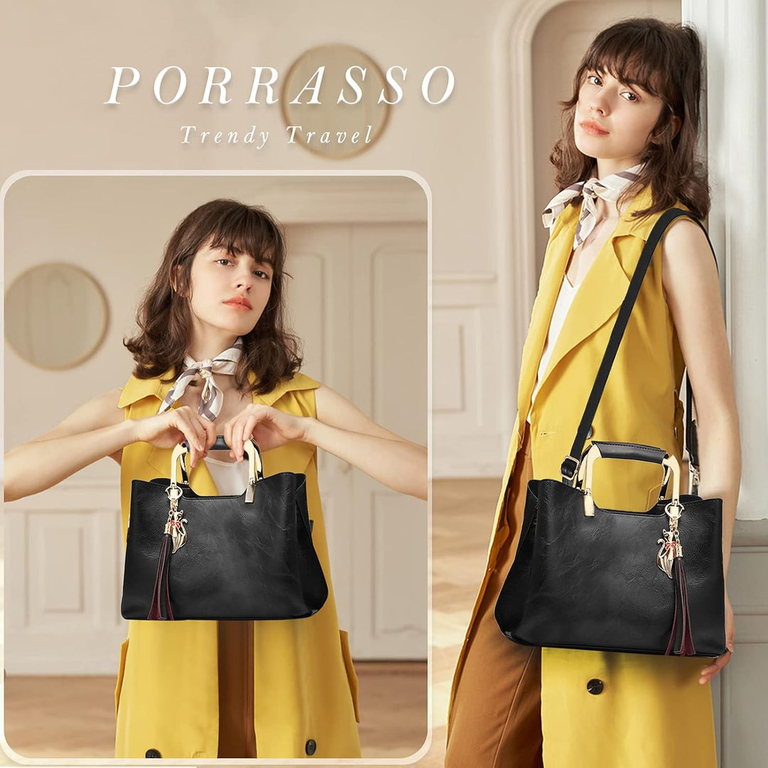 PORRASSO Damen Handtasche Schultertasche Frauen Mode Umhängetasche PU Leder Henkeltasche Top Griff T