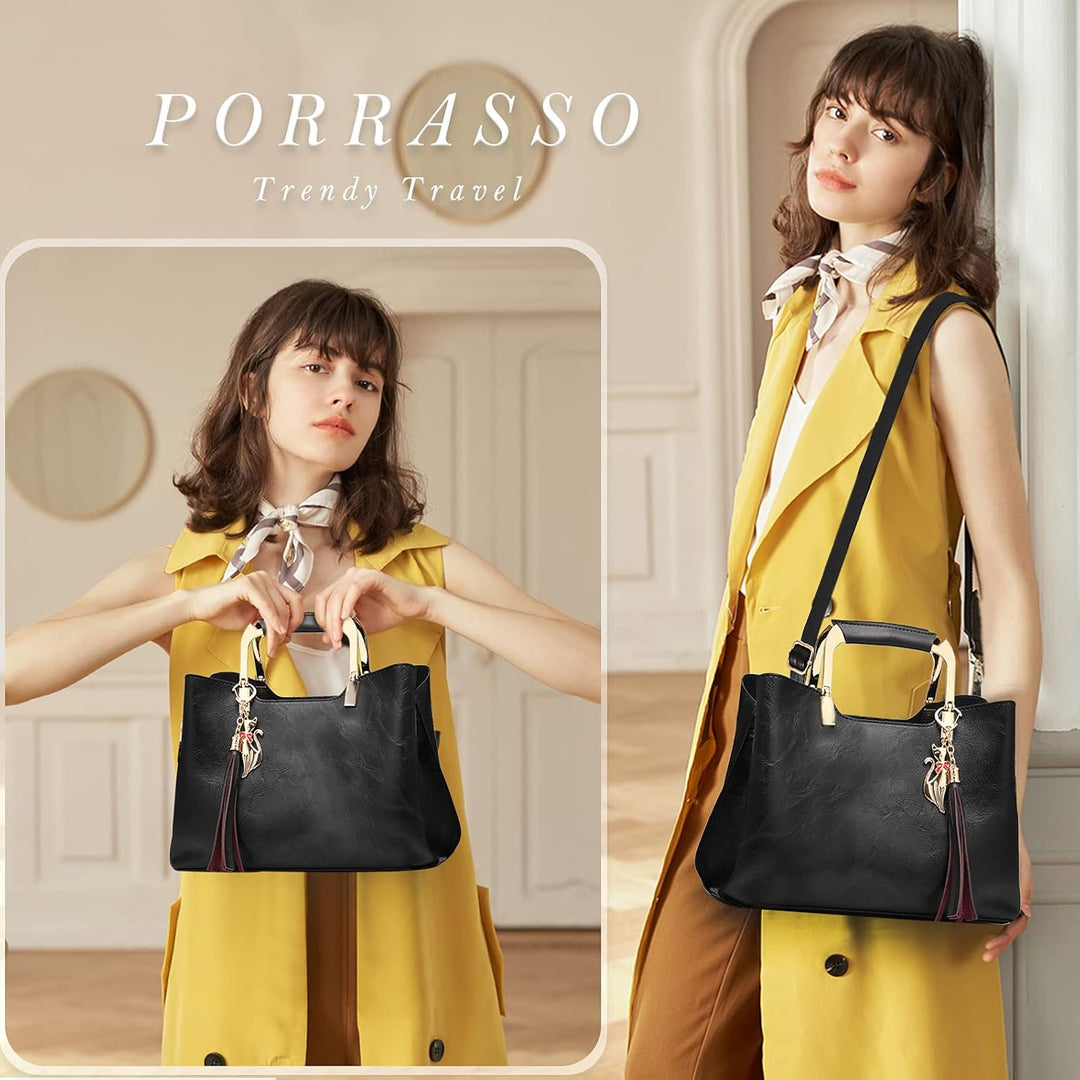 PORRASSO Damen Handtasche Schultertasche Frauen Mode Umhängetasche PU Leder Henkeltasche Top Griff T