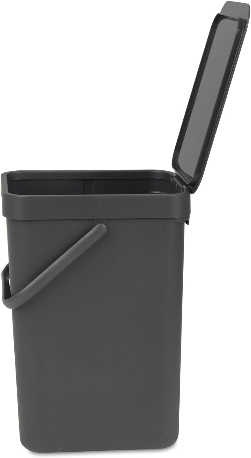 Brabantia Sort & Go Küchen-Recyclingbehälter (12 l/grau), stapelbarer Abfallbehälter mit Griff und a