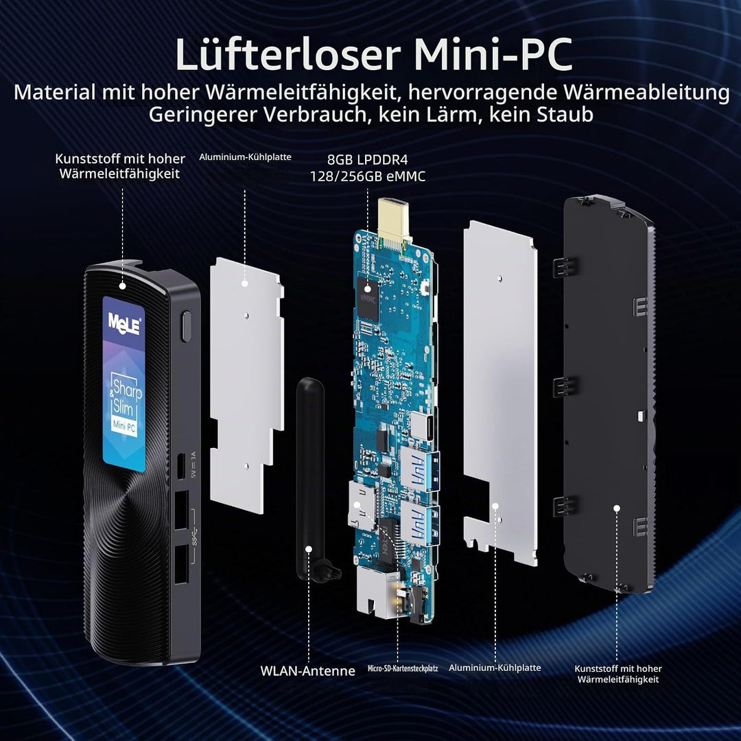 MeLE PCG02 Lüfterloser Mini PC Stick Windows 11 Home Celeron N4000(bis zu 2.6GHz) 4GB LPDDR4 128GB R