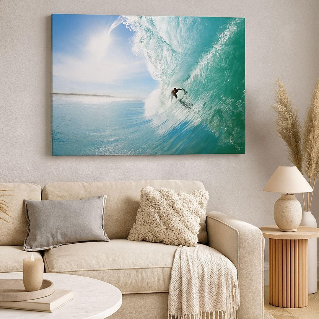 Bilder auf Leinwand 100x70cm Leinwandbild Abenteuer surfer welle ozean Gross Wanddeko Bild Schlafzim