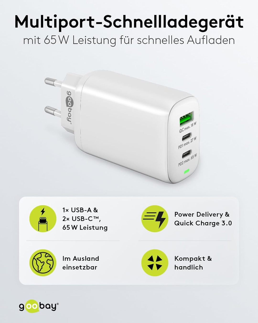 Goobay 61759 Multiport USB-C Ladegerät 65W / Schnellladegerät PD Universal/USB Netzteil Adapter/Lade