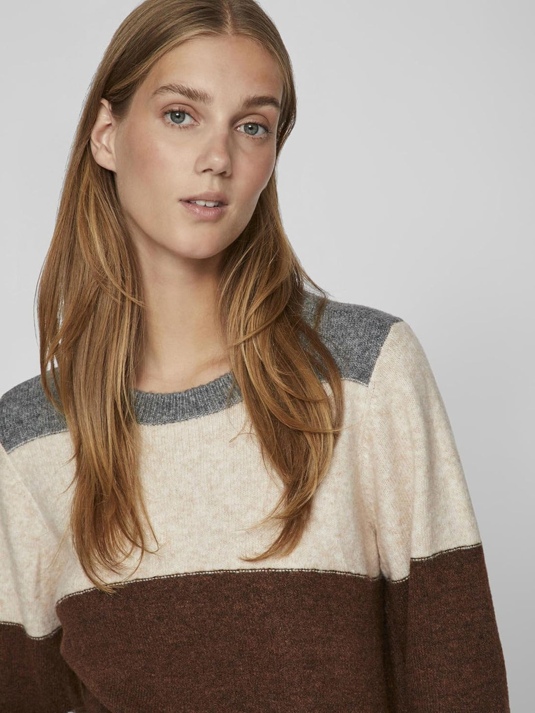 Vila Damen Viellie O-Neck L/S Stripe Knit Top Strickpullover M Grau, M Grau