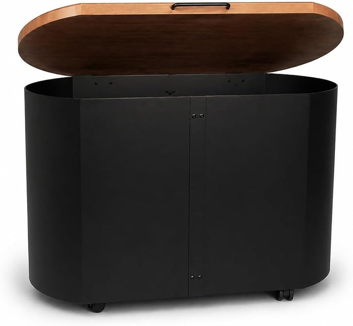 MS Beschläge Design Pelletstruhe mit Nussbaum Holzdeckel Holzkorb Schwarz beschichtet Pelletkorb mit