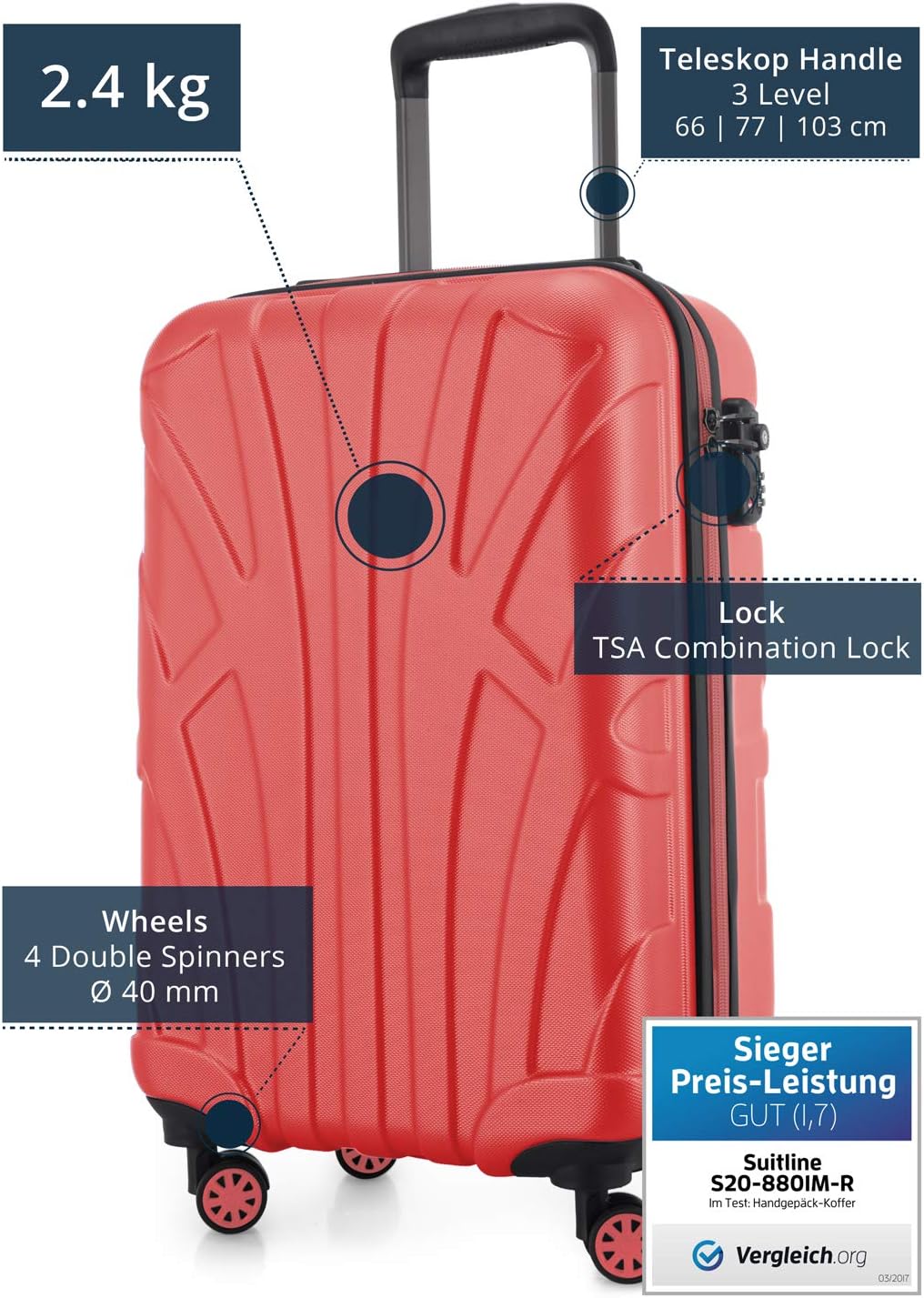 suitline Handgepäck Hartschalen-Koffer Koffer Trolley Rollkoffer Reisekoffer, TSA, 55 cm, ca. 34 Lit
