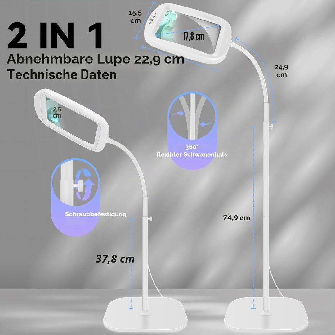 NZQXJXZ 10X Lupe mit Licht und Ständer, Flexible Schwenkarm Lupenleuchte mit 60 LED, 5 Farbmodus Dim