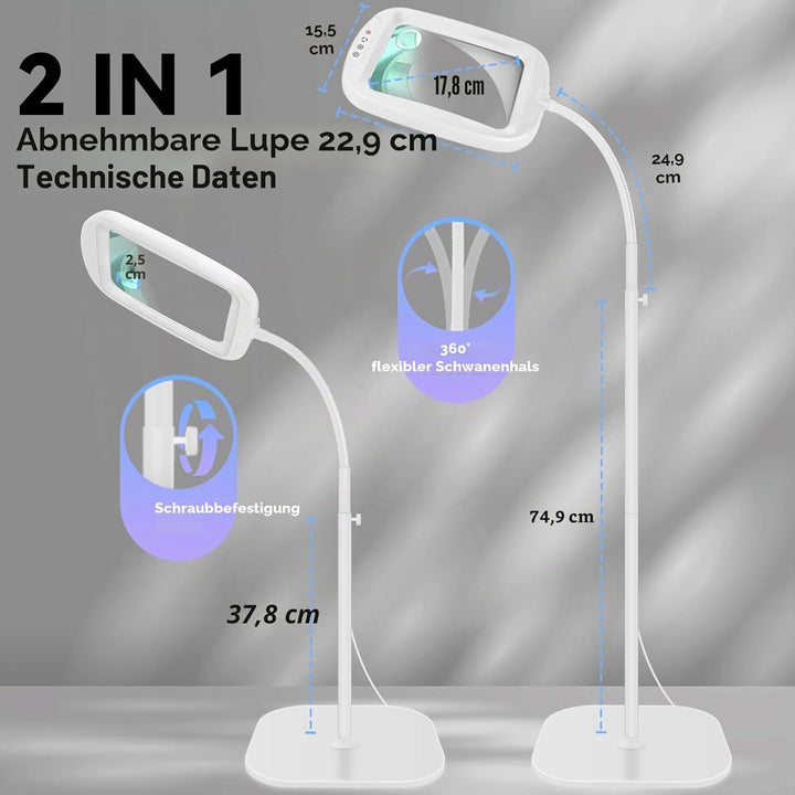 NZQXJXZ 10X Lupe mit Licht und Ständer, Flexible Schwenkarm Lupenleuchte mit 60 LED, 5 Farbmodus Dim