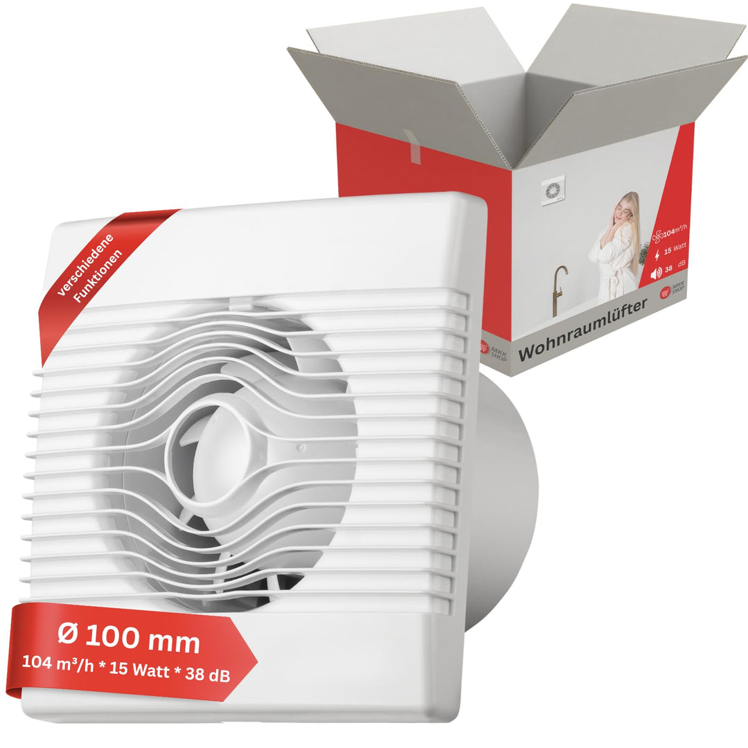 MKK Wohnraumventilator 100mm Wandmontage Lüfter Leise Badlüfter Weiss (Nachlauf), Nachlauf