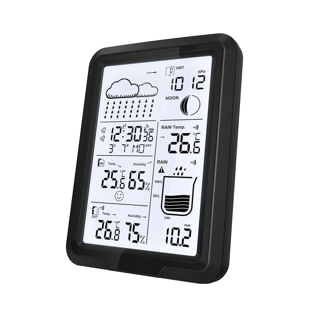 SOUCCESS Funk-Wetterstation mit Aussensensor und Regenmesser - batteriebetrieben, Funkzeit via DCF,