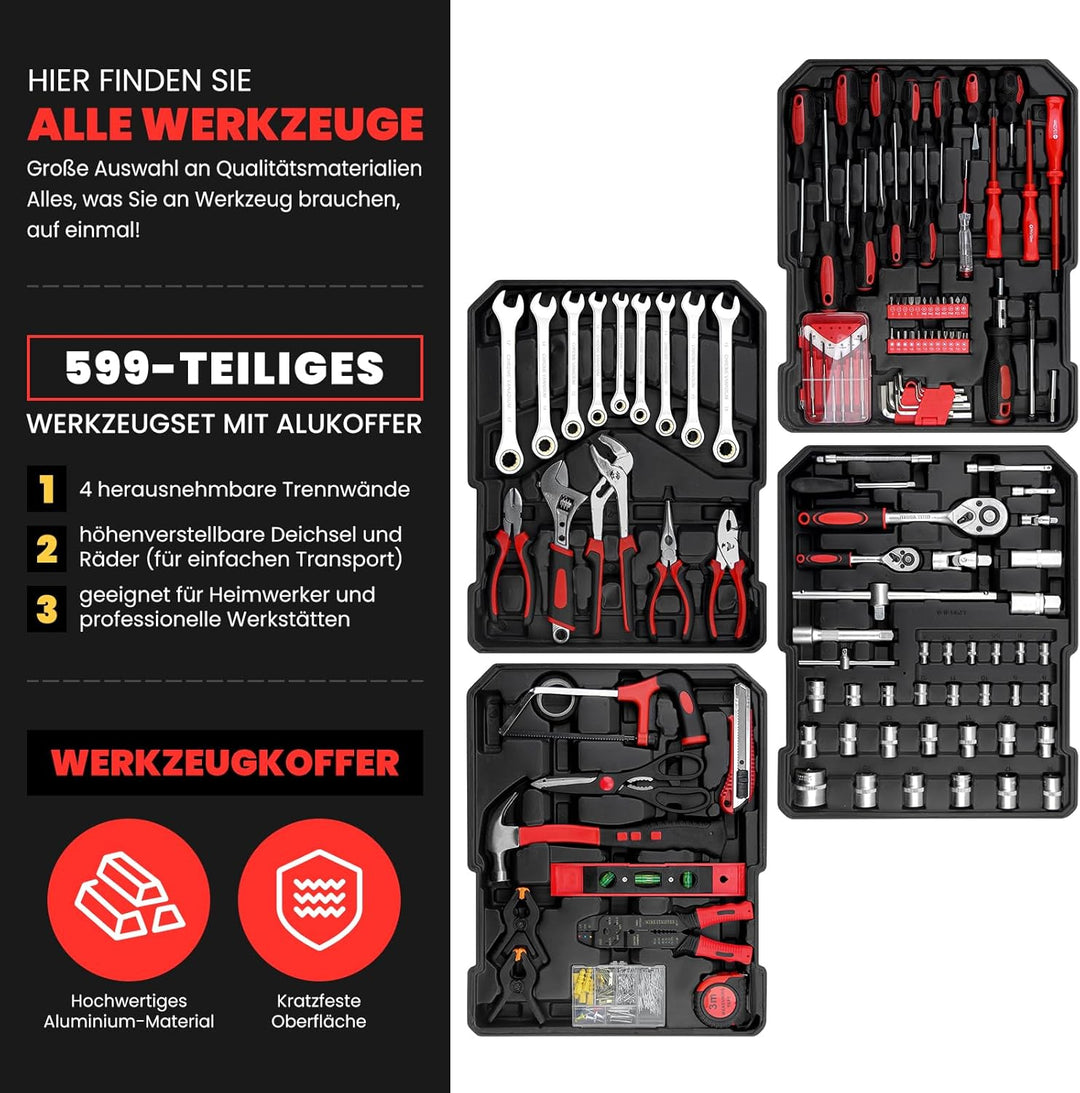 WALTER STAHL Werkzeugkoffer gefüllt 599 tlg | Werkzeugkasten | Aluminiumkoffer | Werkzeug Set | für