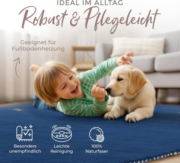 carpetfine Wollteppich Gabbeh Uni Blau 60x90 cm | Moderner Teppich für Wohn- und Schlafzimmer 60x90