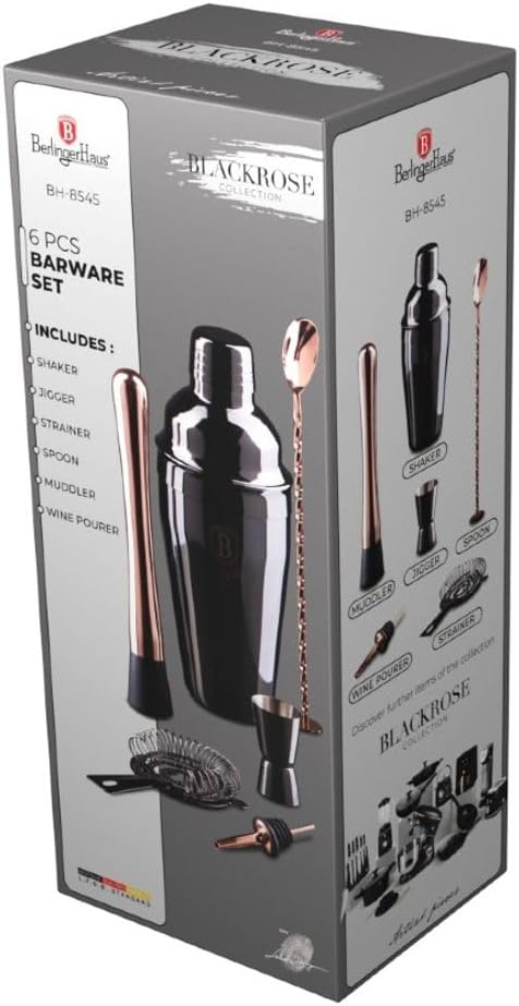 Berlinger Haus Barkeeper-Set | 6-TLG. Black Rose Collection mit Edelstahl-Zubehör | Shaker 0,55 L, l