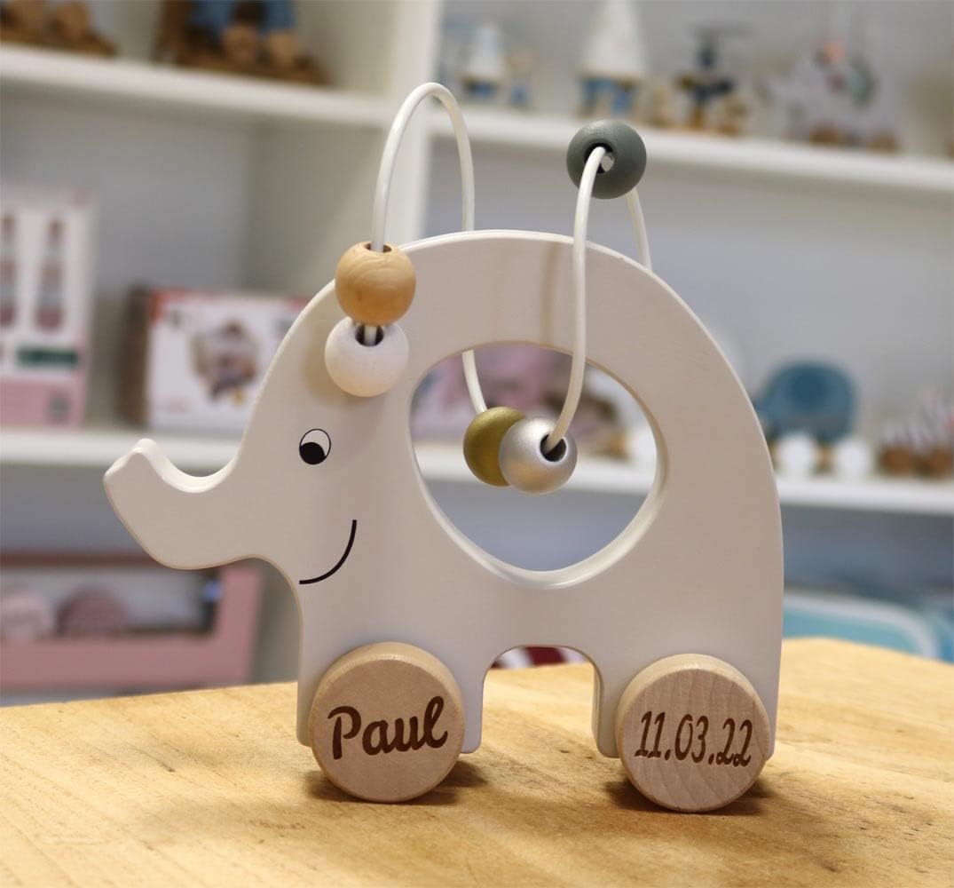 Spielzeug Elefant mit Abakus aus Holz personalisierbar mit Name und Datum Baby Geschenk mit Gravur