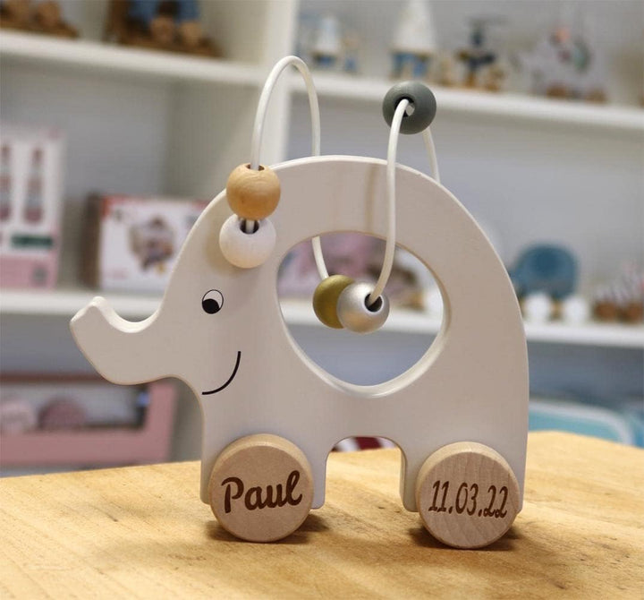 Spielzeug Elefant mit Abakus aus Holz personalisierbar mit Name und Datum Baby Geschenk mit Gravur