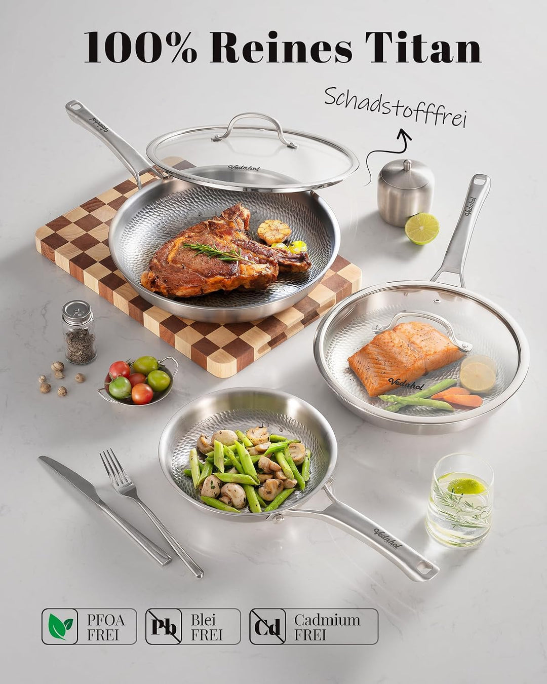 SNOWCLAD Titan Pfanne Pfannenset 3-teilig mit 2 Deckel,Titan Pfanne Unbeschichtet, Bratpfanne fur In