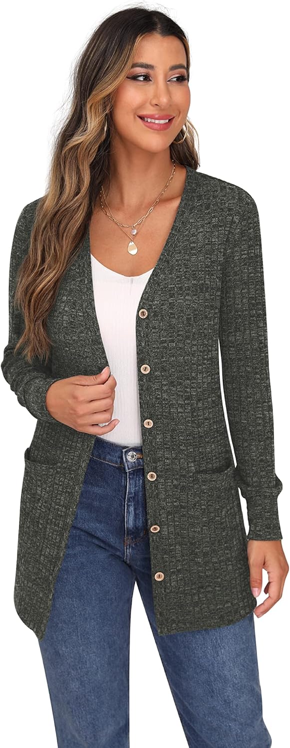 GRECERELLE Damen Leichte Strickjacke Lang mit Taschen und Knöpfen Long Elegant Cardigan V-Ausschnitt