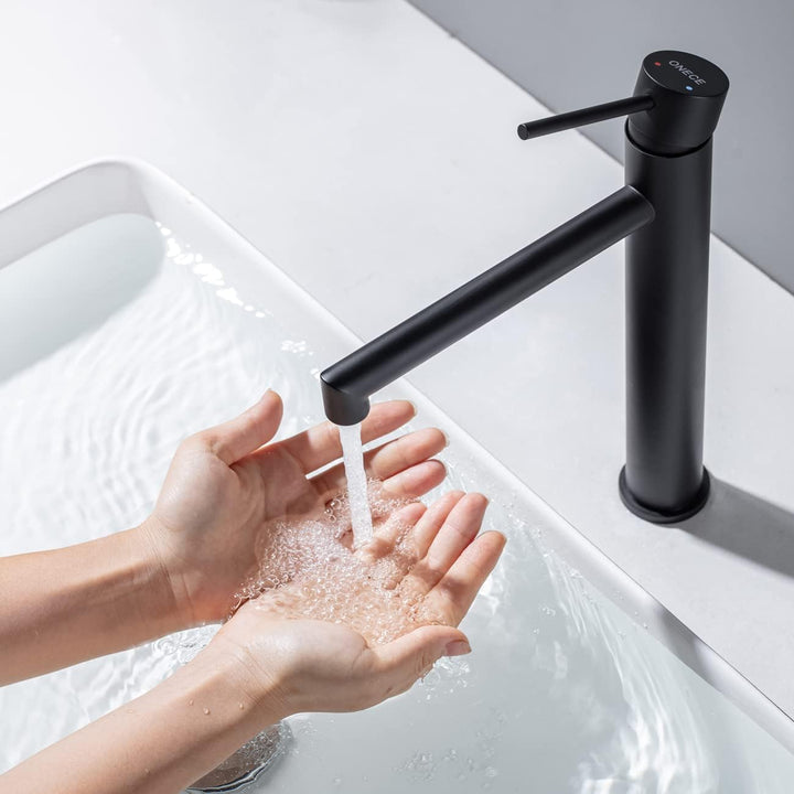 ONECE Schwarz Wasserhahn Bad hoch Armatur für Aufsatzwaschbecken, Waschtischarmatur hohe Mischbatter