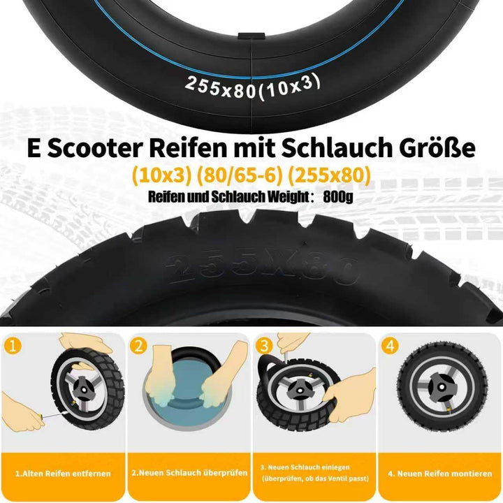 E Scooter Reifen 80/65-6 Schlauch, 255x80 Reifen Schlauch, 10x3.0 Zoll Scooter Offroad Ersatzreifen