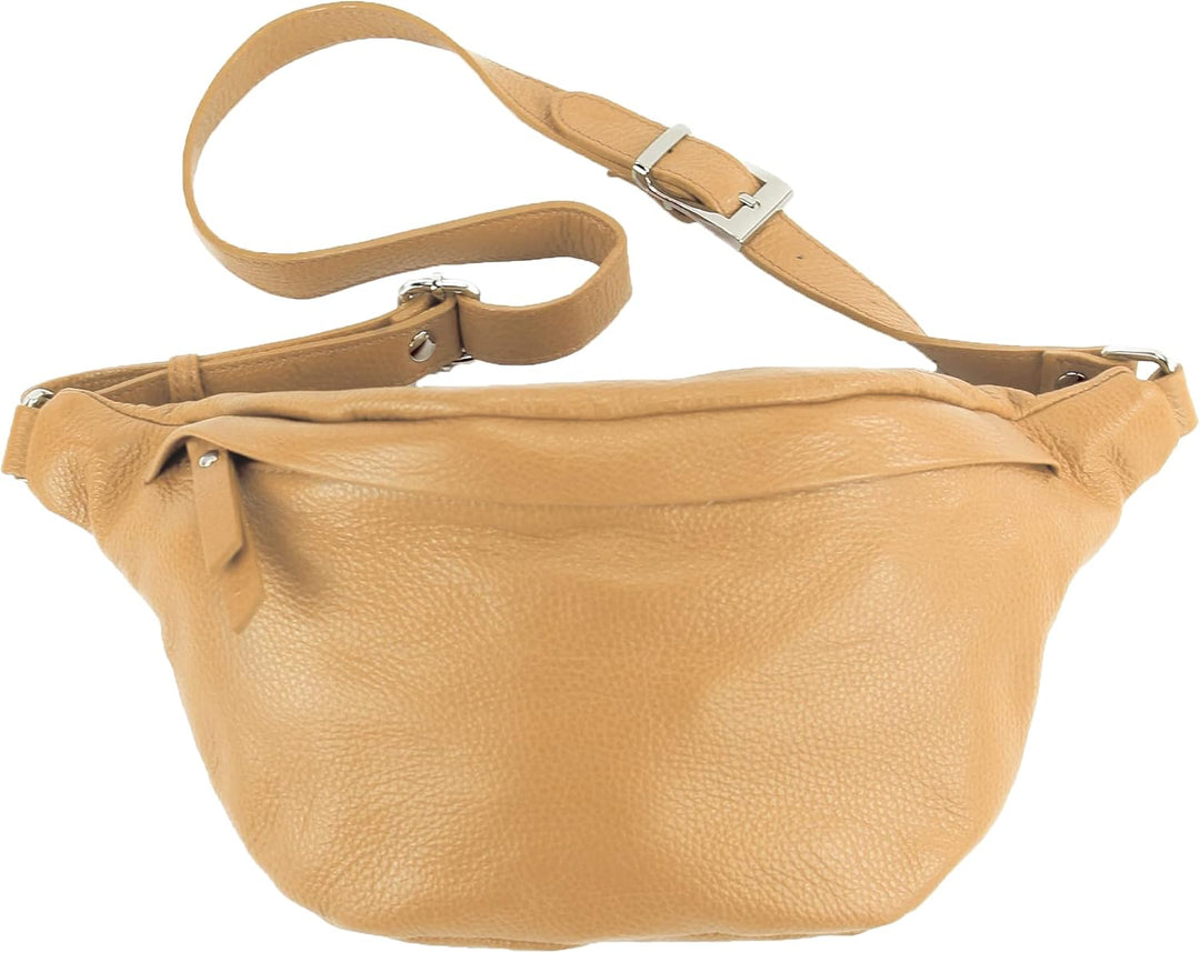 modamoda de - T77 - ital. Hüfttasche Bauchtasche Brusttasche Large aus weichem Leder, Farbe:Beige, B